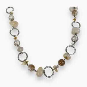 Cookie Lee Beaded Necklace Natural White Brown Stone Glass Silver Tone Vintage